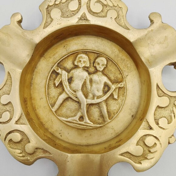 Vintage Solid Antique Brass Embossed Ashtray - Picture 2 of 3